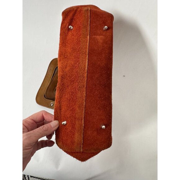 Vintage Rust Suede Handbag With Brown Leather Handles & Buckle Accents - Picture 7 of 16